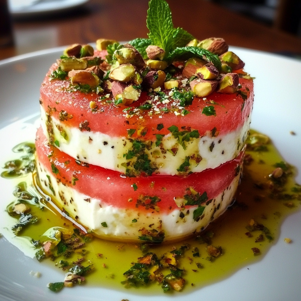 Ensalada de Sandía y Queso de Cabra con Vinagreta de Menta y Pistachos