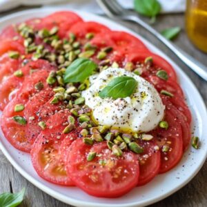 Carpaccio de Tomate y Sandía con Pistachos y Burrata Cremosa