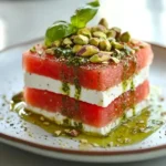 Milhojas de Sandía y Feta con Aceite de Albahaca y Pistachos Tostados: ¡Elegancia Refrescante en Cada Bocado!