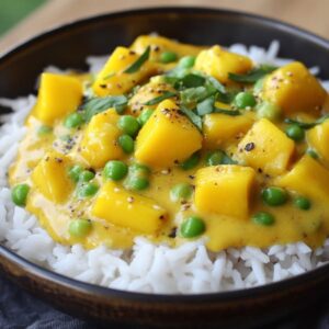 Curry de Guisantes de Nieve con Leche de Coco, Mango y Arroz Basmati Fragante