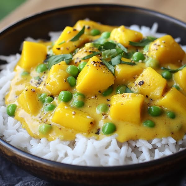 Curry de Guisantes de Nieve con Leche de Coco, Mango y Arroz Basmati Fragante