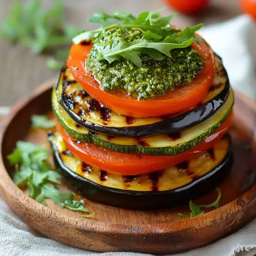 Millefeuille de vegetales: calabacín, berenjenas y tomates, pesto de rúcula