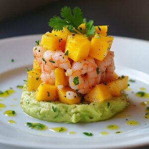 Tartar de Gambas y Mango sobre Crema Fría de Aguacate
