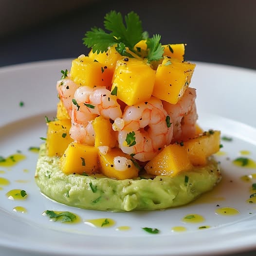 Tartar de Gambas y Mango sobre Crema Fría de Aguacate