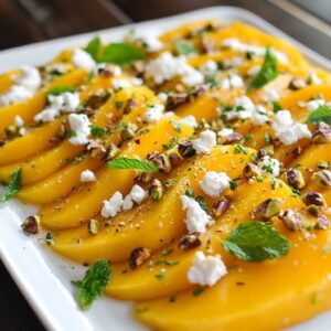 Carpaccio de Mango, Queso de Cabra y Pistachos Caramelizados